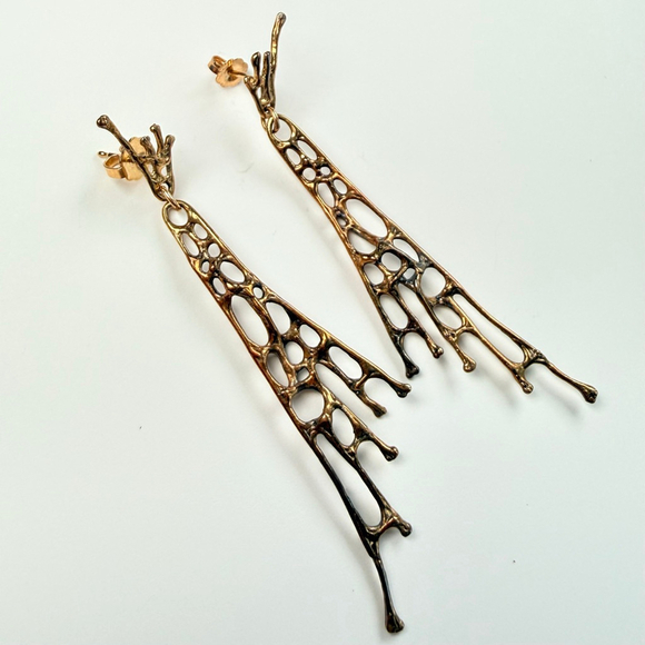 Estate 14K Solid Gold Brutalist Abstract Sculptural Web Drip 2.6" MCM Earrings - Picture 2 of 11